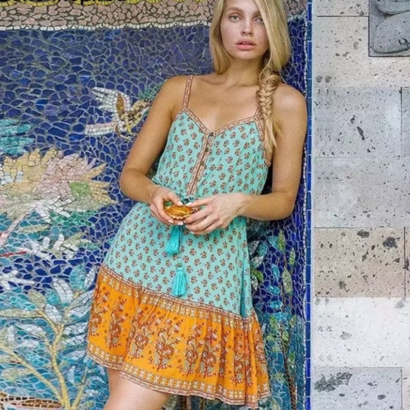 Teal & Orange Floral Ornate Bohemian Gyspy Button Front Tank Summer Casual Dress - Picture 3 of 9